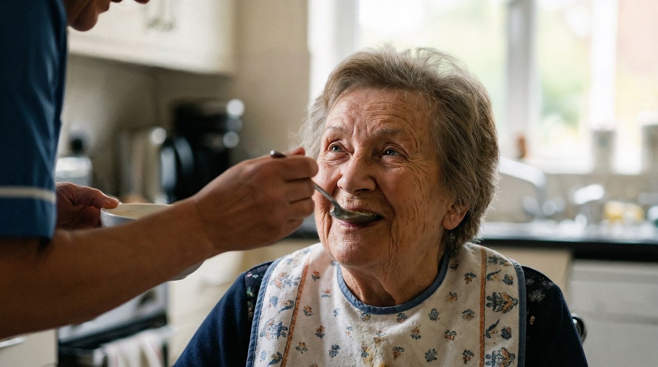 elderly, care, nursing, senior, smile, meal, assistance, compassion, health, help, indoor, kitchen, connection, aging, support, patience, kindness, nutrition, service, empathy, ai generated